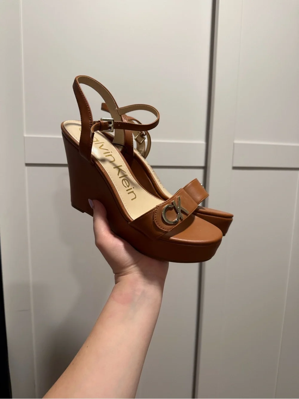 Calvin Klein Tan Leather Platform Wedge Sandals